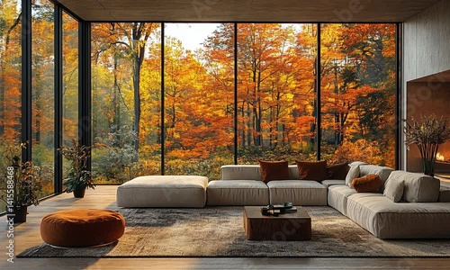 Cozy living room with modern furniture, autumn foliage outside large windows, warm ambiance
