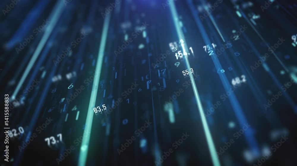 Big Data Digital Hitech Background/ 4k animation of an abstract wallpaper big data business digital technology background including connected lines and running numbers with camera lens blur
