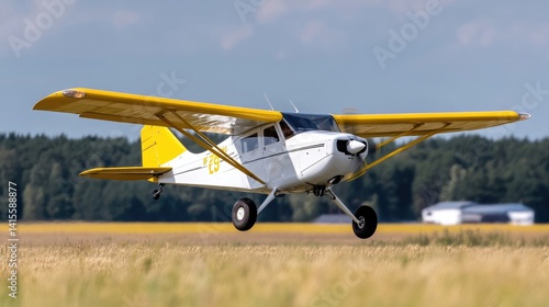 Light aircraft taking off over a field