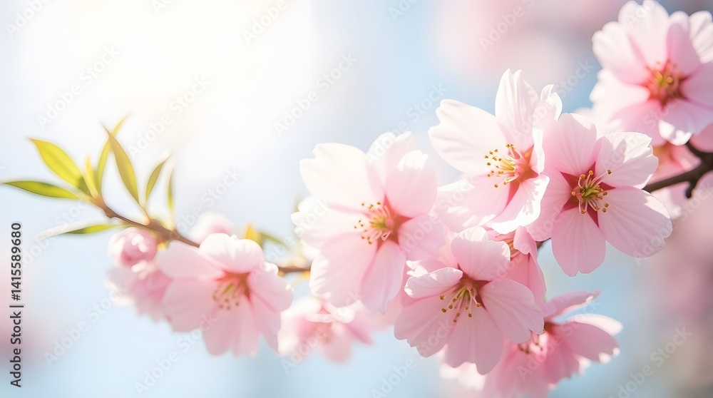 Soft pink cherry blossoms on a branch against a light blue sky. Perfect for spring themes and nature-inspired designs. Soft pink cherry blossoms on a branch against a light blue sky. Perfect for spring themes and nature-inspired designs.