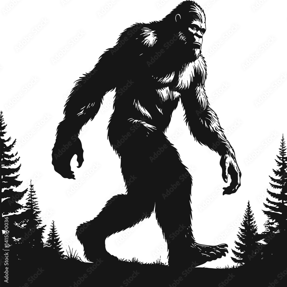 Fototapeta premium Bigfoot Silhouette Vector Illustration White Background
