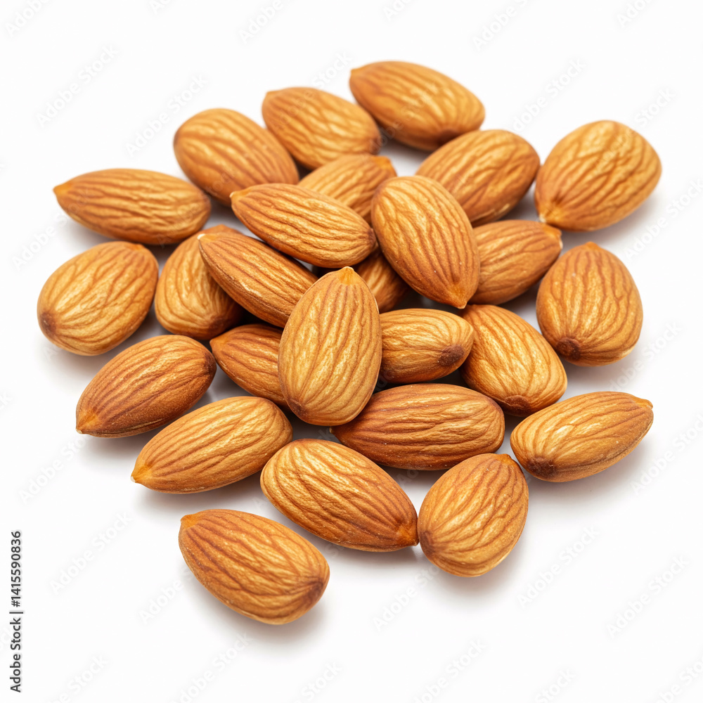 Almond nuts isolated on white background close up. Healthy food vibrant color Almond nuts isolated on white background close up. Healthy food vibrant color