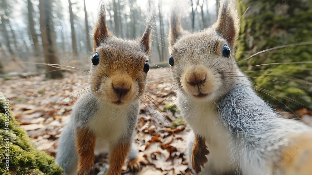 Two curious squirrels appear to photobomb a woodland selfie showcasing their playful expressions and natural curiosity in their forest habitat Two curious squirrels appear to photobomb a woodland selfie showcasing their playful expressions and natural curiosity in their forest habitat