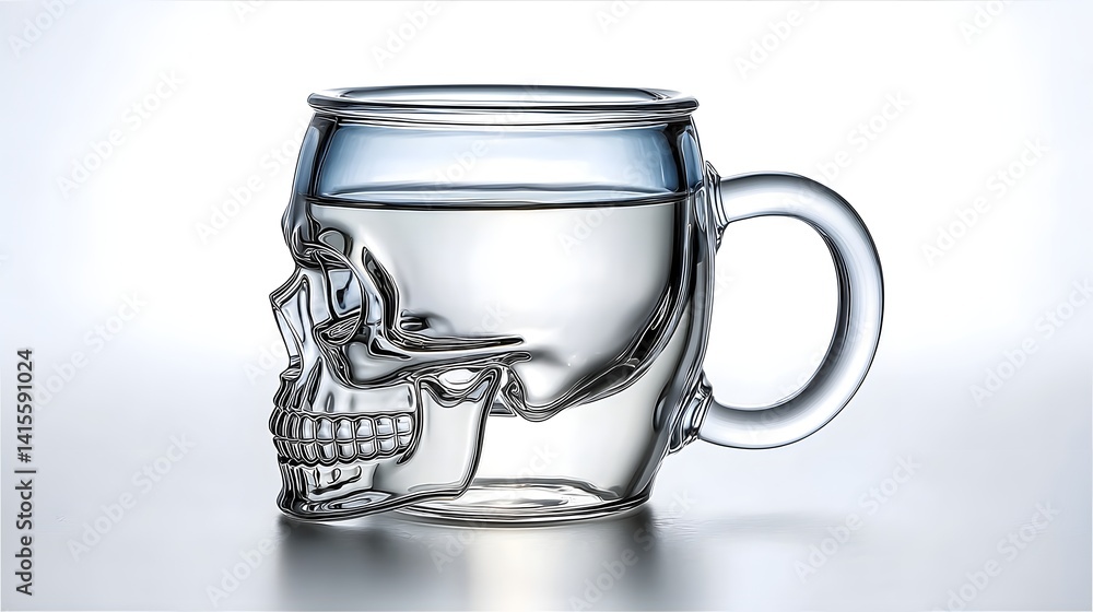 Unique skull shaped glass mug featuring intricate contours and a transparent minimalist design against a clean white backdrop