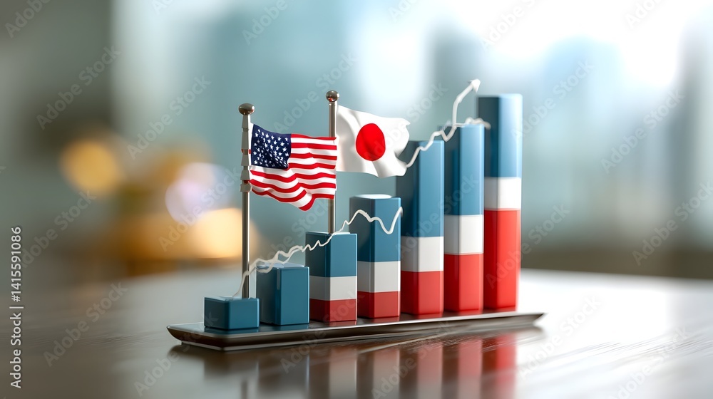 Upward pointing bar graph with blurred American and Japanese flags in the background representing international trade tensions and economic performance between the two countries