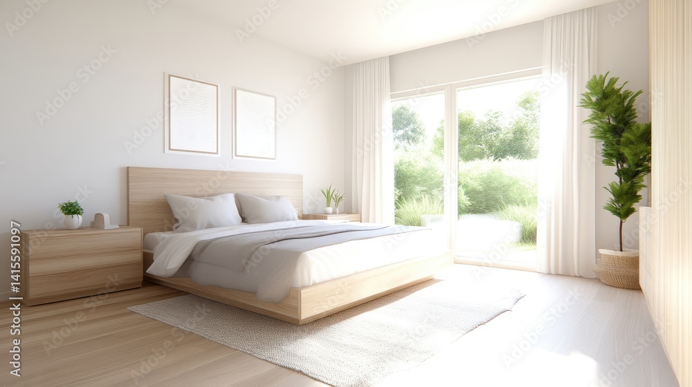 Fototapeta premium Modern, minimalist bedroom with natural light and wooden accents