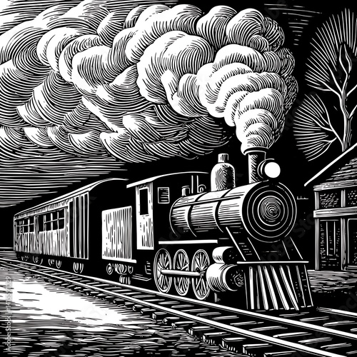 Night Train, Steam Locomotive, Woodcut Style