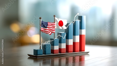 Upward pointing bar graph with blurred American and Japanese flags in the background representing international trade tensions and economic performance between the two countries