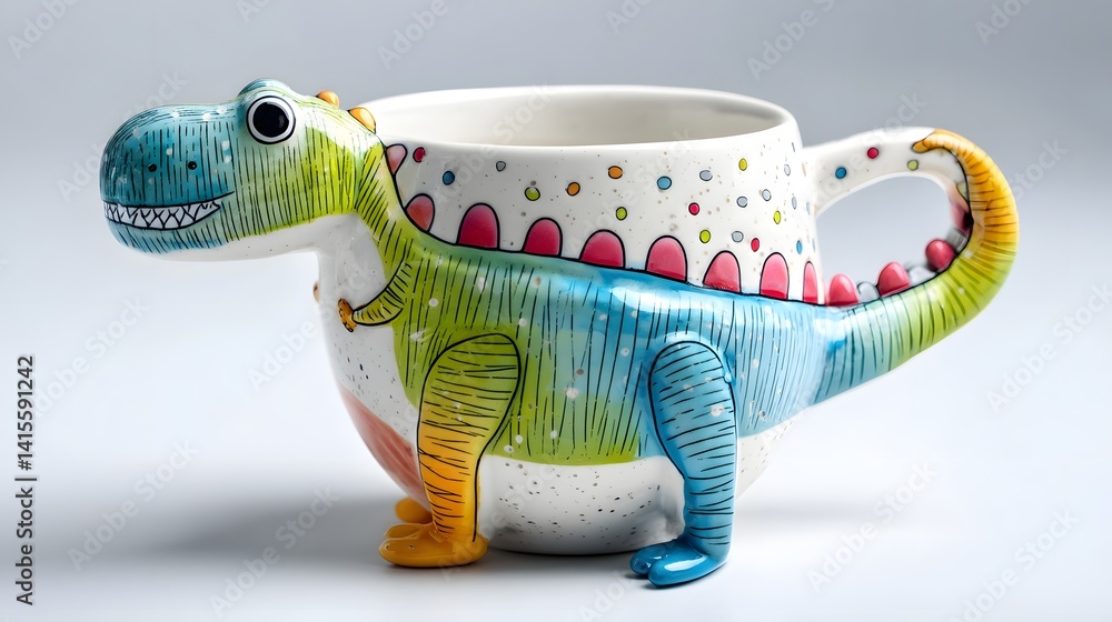 Vibrant and playful ceramic mug or cup featuring a cheerful T Rex design with polka dot patterns and a unique handcrafted appearance