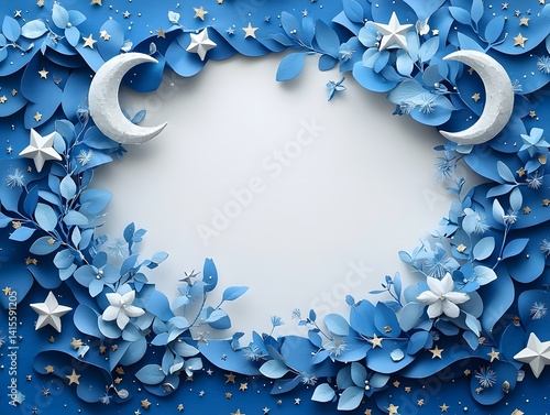 Festive blue and silver gift card with crescent moons and stars