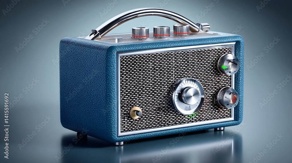 Vintage inspired audio speaker with a classic fabric covered grille and sleek chrome control knobs set against a clean minimalist background