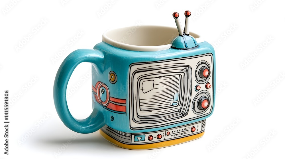 Vintage inspired ceramic mug shaped like a classic television set featuring a retro style screen print design in shades of blue and red