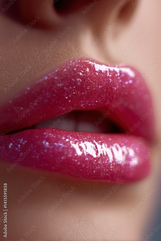Obraz premium Woman's Lips with Shiny Pink Lipstick Glamorous Beauty Makeup Macro Shot