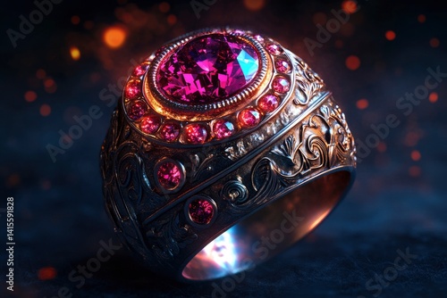 Intricate vintage ring showcasing a large purple gemstone with smaller pink accents, set against a dark, smoky background