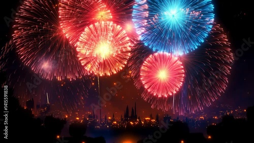 Fireworks celebration 4k video clip.Amazing fireworks footage 4k resolution,background golden shining fireworks with bokeh lights in the night sky. glowing fireworks show. New year's eve fireworks