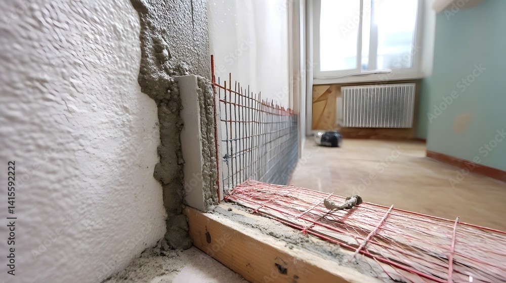 Wall corner undergoing reinforcement with wire mesh in for cement plastering as part of a professional construction or renovation project