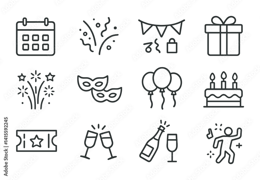 Celebration and party linear icon set featuring cake, balloons, and decorations Celebration and party linear icon set featuring cake, balloons, and decorations