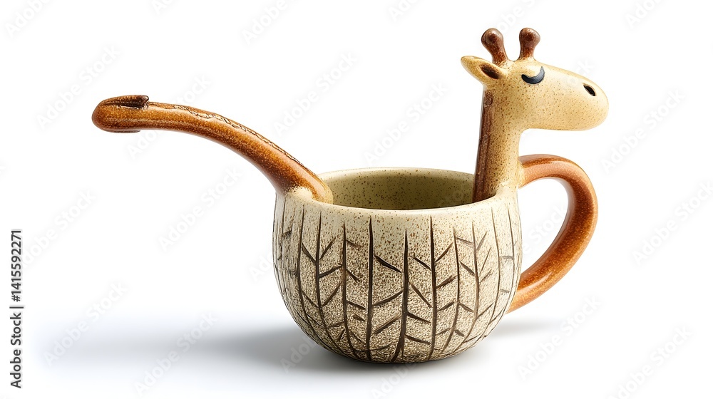 Whimsical and playful ceramic mug designed in the shape of a giraffe featuring a long neck handle that adds a charming functional element to the piece