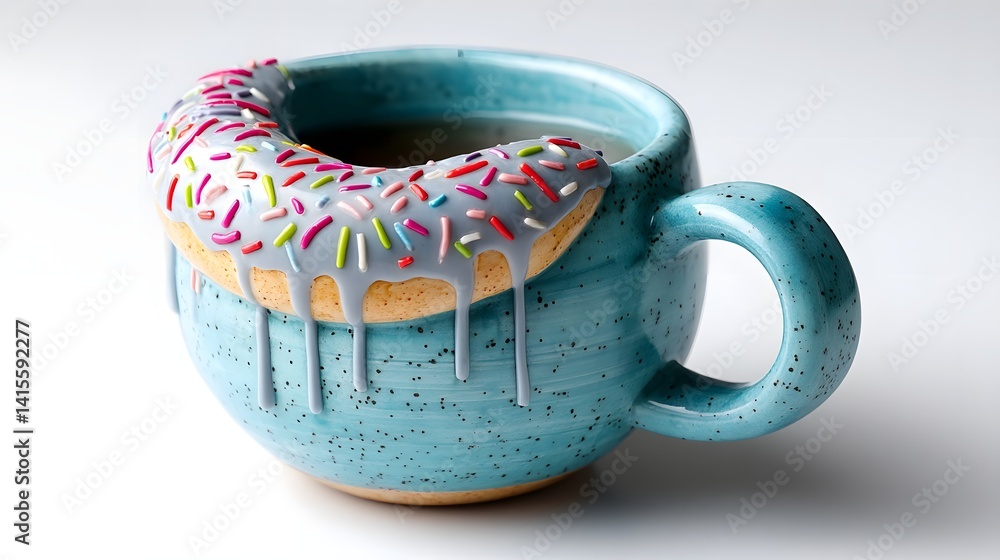 Whimsical and creative ceramic mug with a playful donut like shape covered in vibrant frosting and sprinkles against a minimalist white background