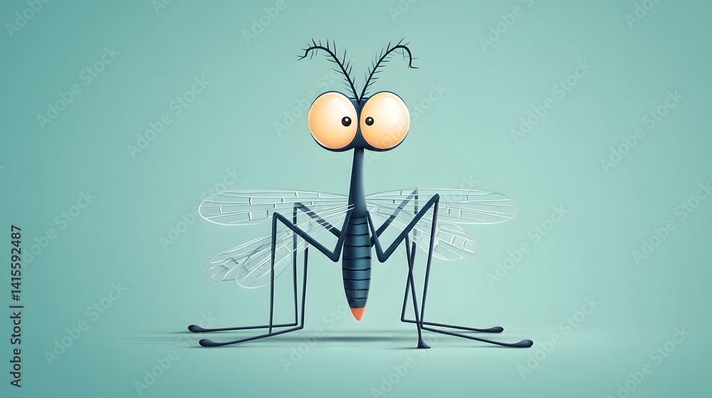 Whimsical cartoon inspired of a mosquito with oversized eyes and features designed for a health awareness or prevention campaign