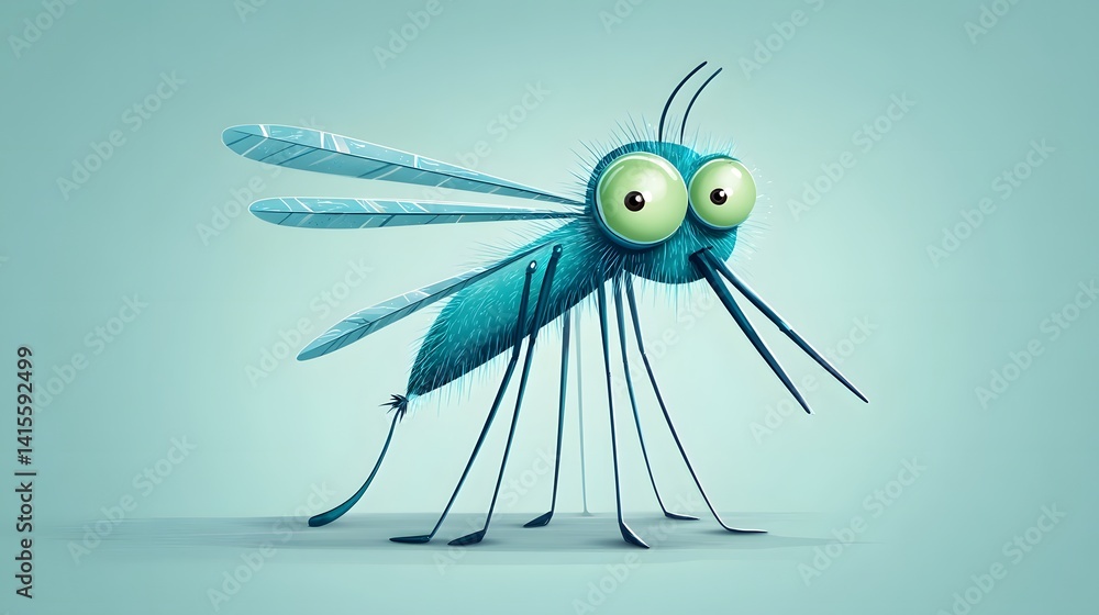 Whimsical cartoon inspired mosquito character with exaggerated eyes legs and wings designed for use in a public health awareness campaign