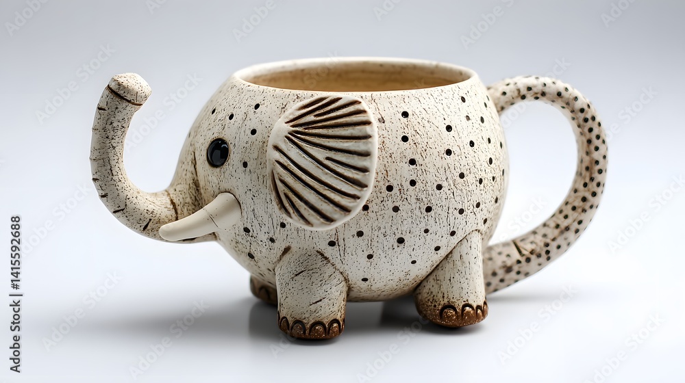 Whimsical patterned ceramic elephant shaped mug with a textured glossy finish set against a minimalist white backdrop