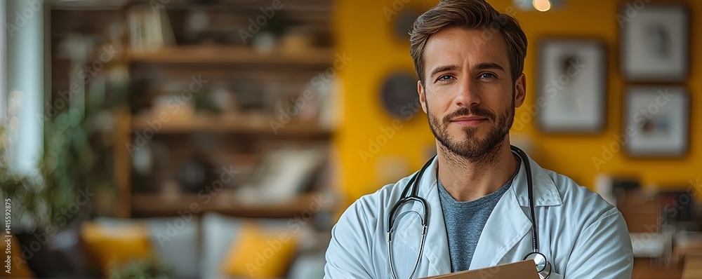 A confident doctor ready to assist patients in a welcoming clinic environment