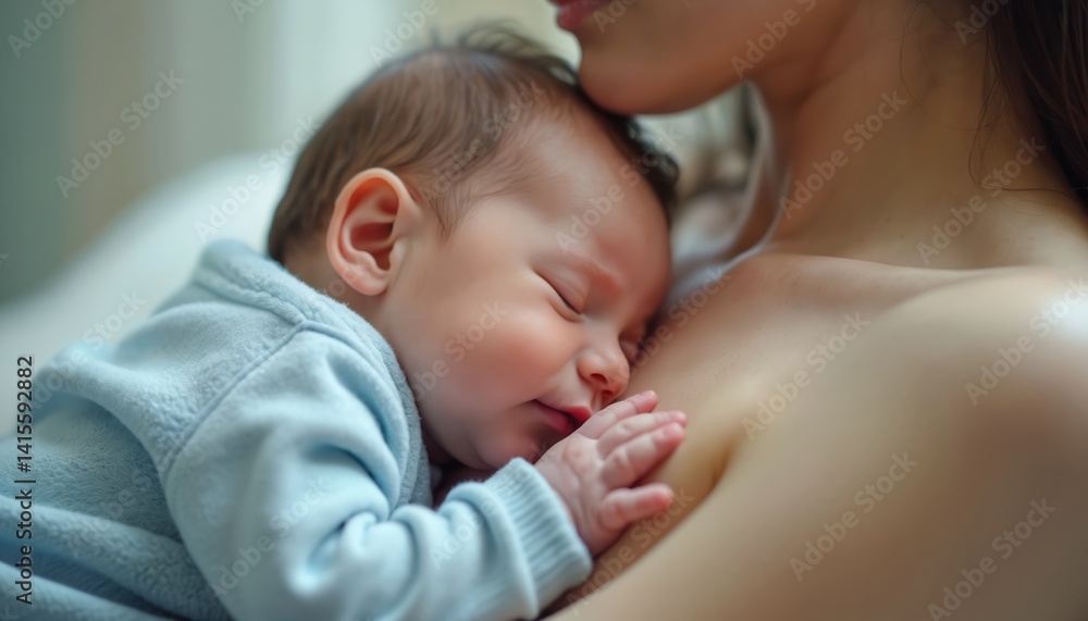 Newborn baby rests on mother chest. Tender moment of early bonding. Emotional connection, postnatal care, new family, nurturing love. Gentle touch, mother embraces baby, parenthood. Newborn baby rests on mother chest. Tender moment of early bonding. Emotional connection, postnatal care, new family, nurturing love. Gentle touch, mother embraces baby, parenthood.
