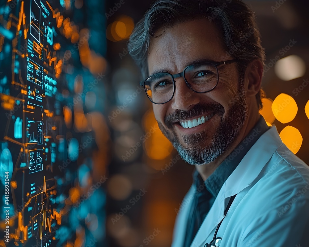 Confident scientist showcasing a medical innovation prototype