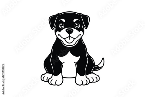 Black and white line art drawing of a Rottweiler pup sitting with a big grin and thick paws.eps
