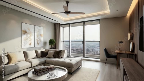Showcase penthouse elegant living room with stunning city view. luxury condo interior