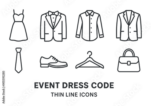 Elegant event dress code icons set: formal attire essentials in linear style