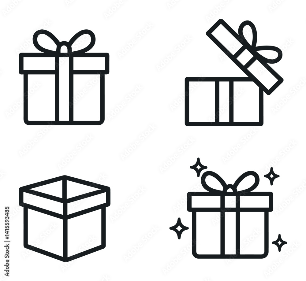 Minimalist gift box icon set: unwrapping, presenting, celebrating, sparkling in linear style