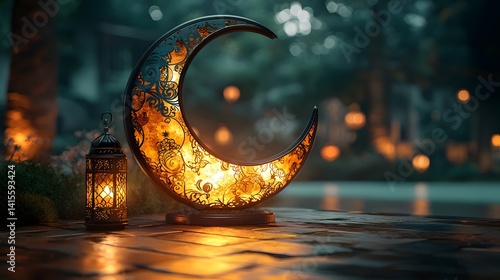 Glowing crescent moon and lantern in serene outdoor setting