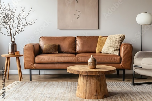 Modern Living Room with Brown Leather Sofa, Wooden Tables, Pillows and Home Decor