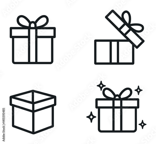 Obraz na płótnie Minimalist gift box icon set: unwrapping, presenting, celebrating, sparkling in linear style w salonie