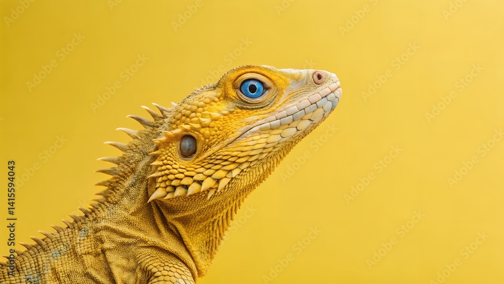 Fototapeta premium Yellow Central Bearded Dragon Profile on Yellow Background Wallpaper, Exotic Reptile Portrait