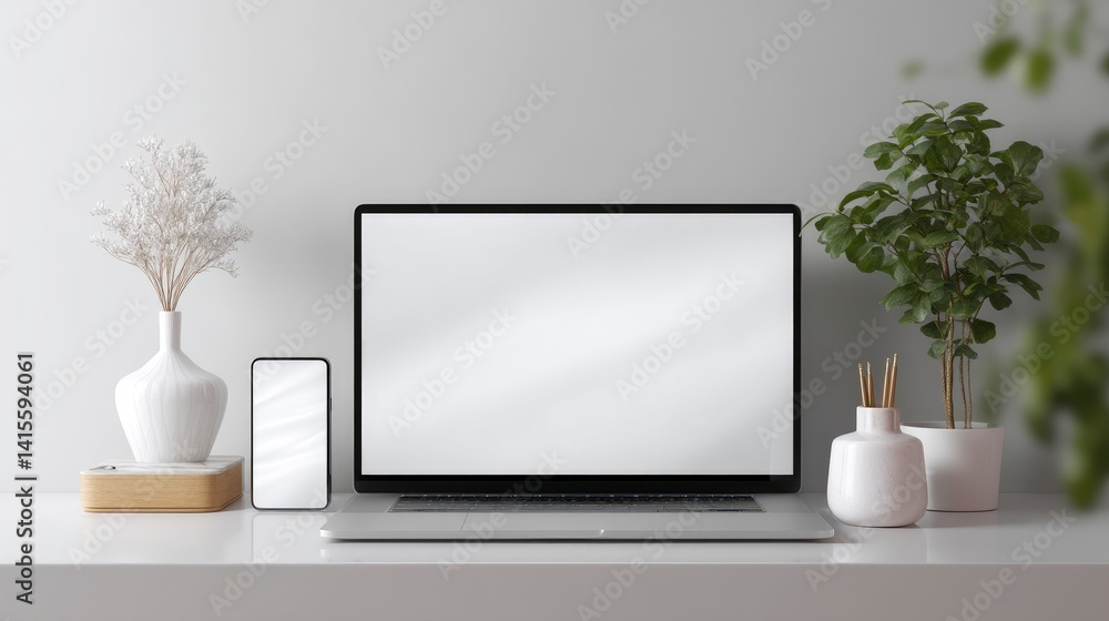 Laptop and Smartphone Mockup on White Desk with Plants and Decor Laptop and Smartphone Mockup on White Desk with Plants and Decor