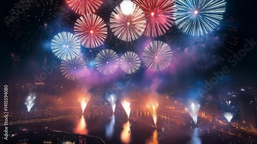 Fireworks celebration 4k video clip.Amazing fireworks footage 4k resolution,background golden shining fireworks with bokeh lights in the night sky. glowing fireworks show. New year's eve fireworks