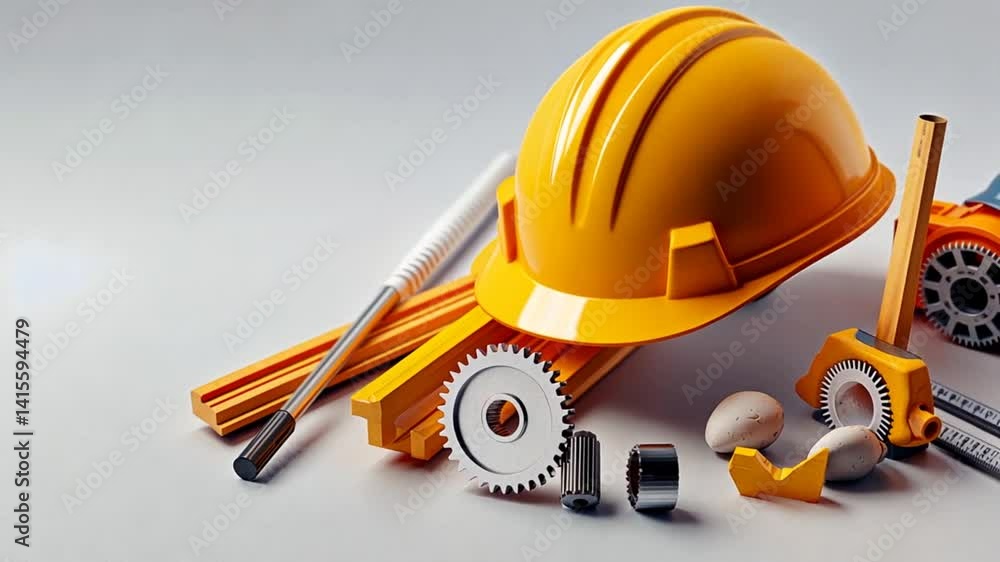Construction tools and safety equipment arranged on a white surface with a focus on a hard hat Construction tools and safety equipment arranged on a white surface with a focus on a hard hat