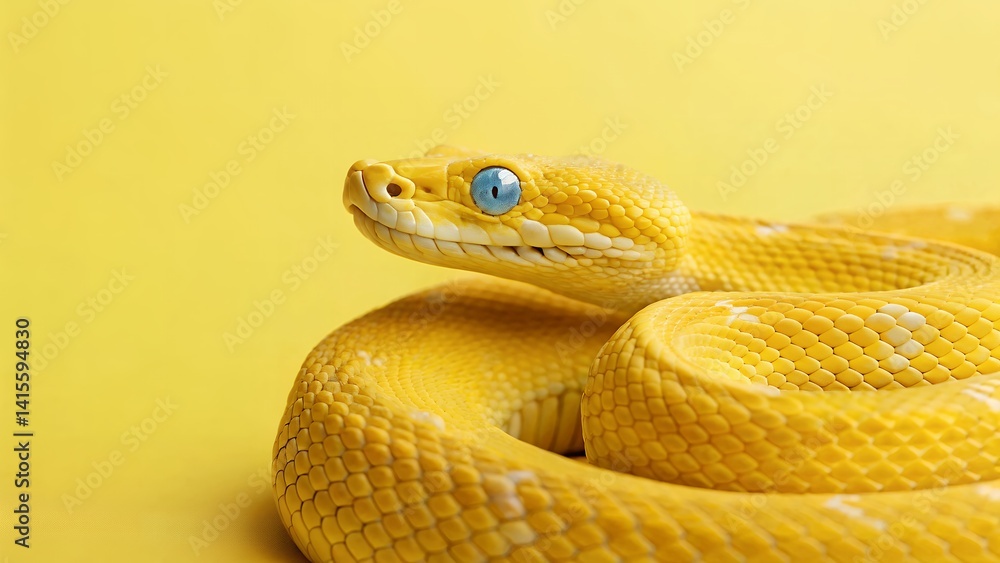 Fototapeta premium Striking Yellow Snake with Blue Eyes Background Wallpaper, Exotic Reptile Close-up Image