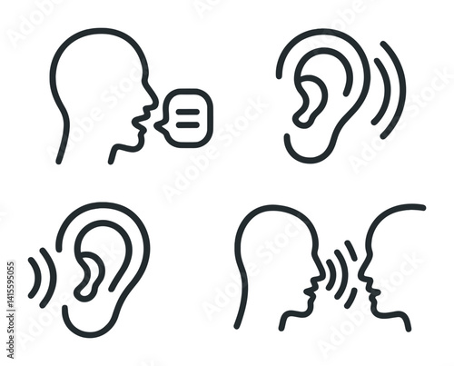 Communication and listening icons set: linear style with speech and hearing elements