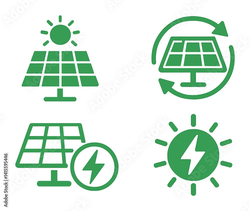 Green energy icon set: solar panels and sustainability symbols in flat design