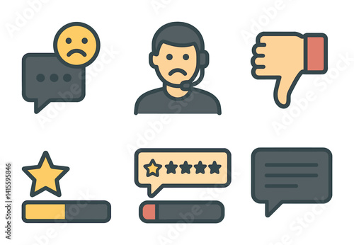 Customer support feedback icons set in flat style: communication and review symbols