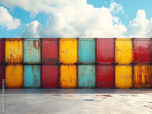 Colorful cargo containers stacked at a port under a blue sky
