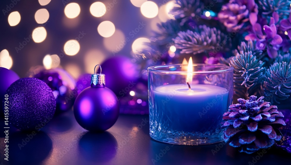 Festive Christmas scene with purple ornaments and candle Festive Christmas scene with purple ornaments and candle