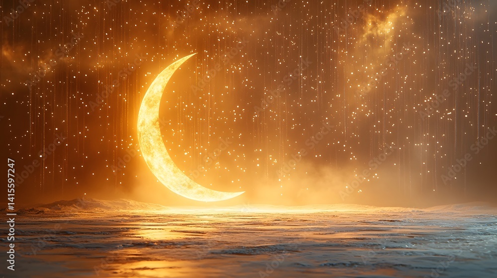 Crescent moon and stars reflected in a tranquil ocean