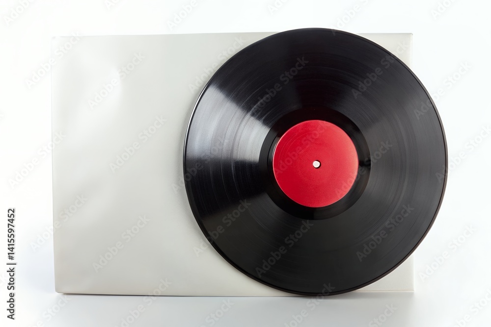 Obraz premium A classic vinyl record with a vibrant red label rests gently on its pristine white sleeve, a timeless symbol of cherished melodies and musical memories against a clean, bright background.