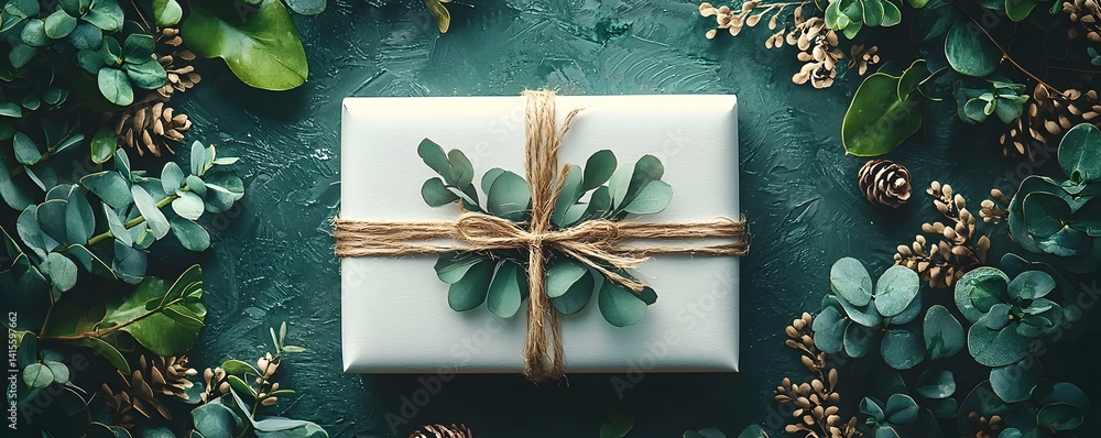 Festive holiday gift wrapped in natural greenery