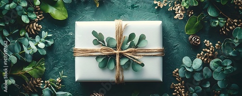 Obraz na płótnie Festive holiday gift wrapped in natural greenery w salonie